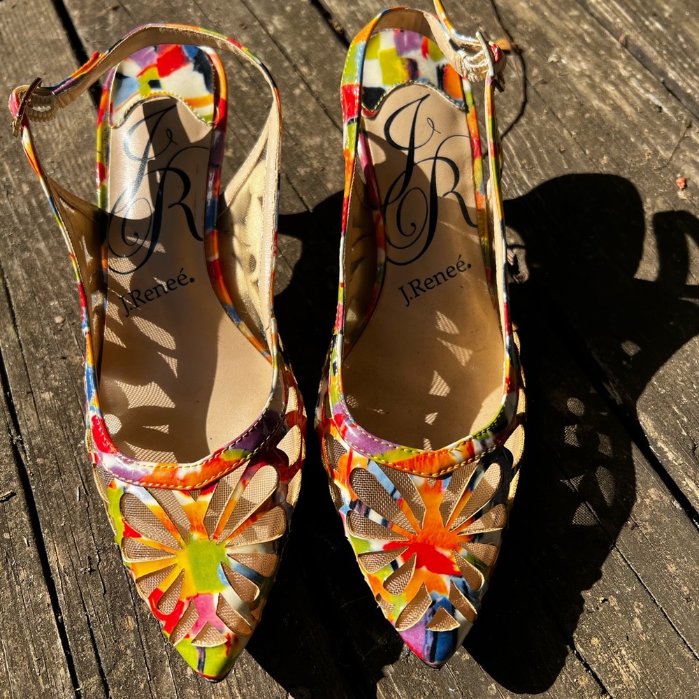 Multicolor Floral Cutout Pointed-Toe Slingback Heels